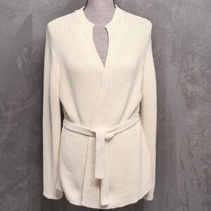 Vtg Gap Wrap Cardigan Sweater Womens L Cream Chunky Ribbed Cotton Belt Fisherman